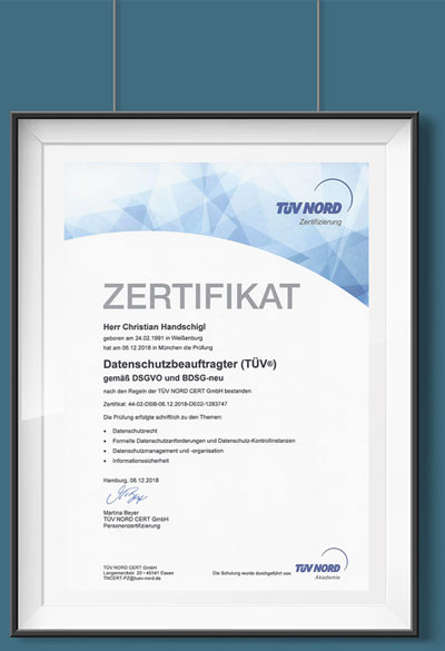Certificate: Christian Handschigl certified as data protection officer by TÜV Nord